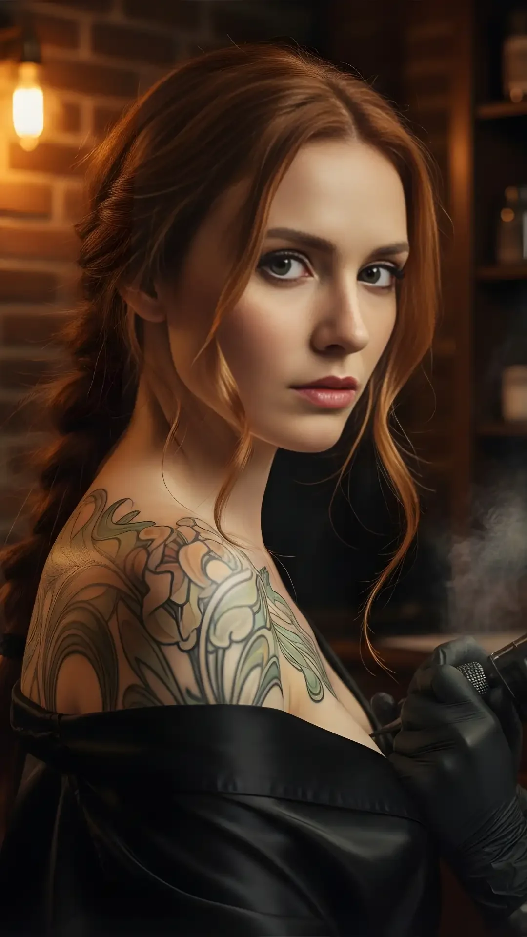 Art Nouveau style portrait (Alphonse Mucha style) of a redhead with an intricate floral tattoo, from our Tattoo AI Image Generation Prompts list.