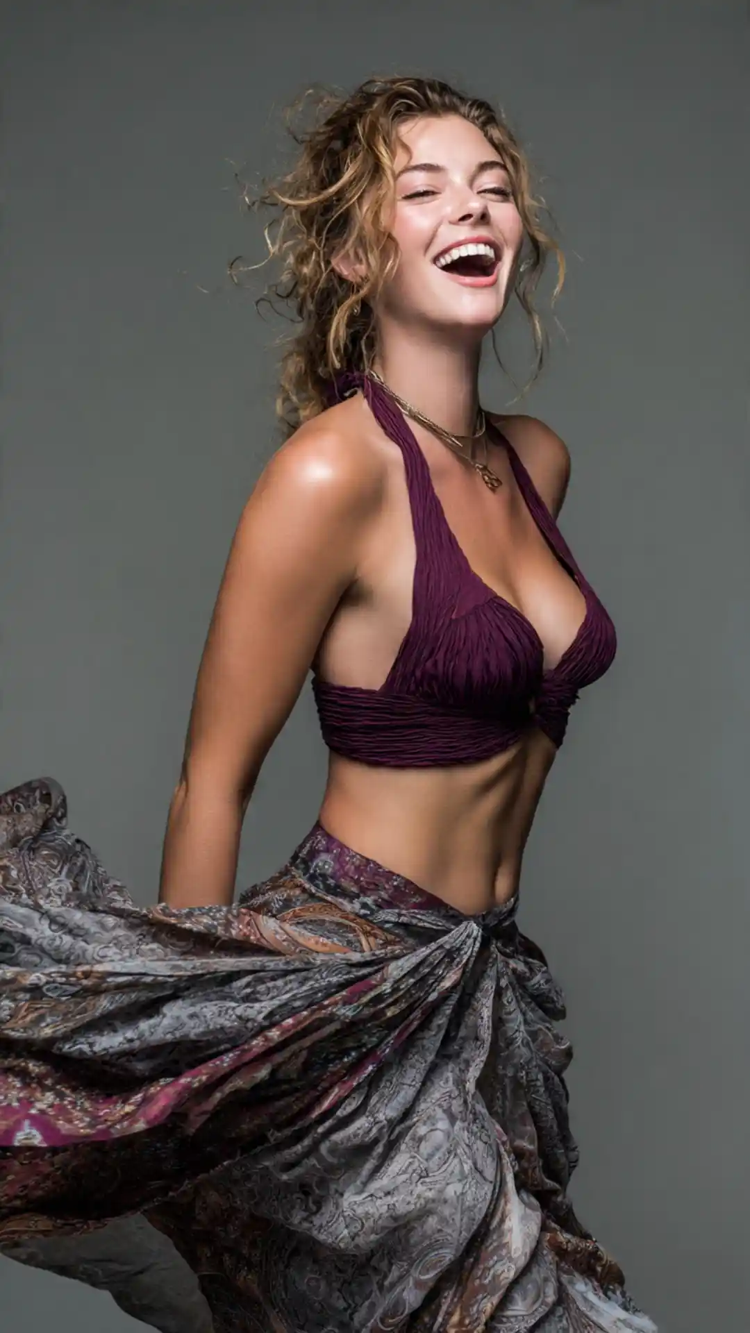 Grok AI prompts for cinematic fashion showing over-the-shoulder candid laughter pose