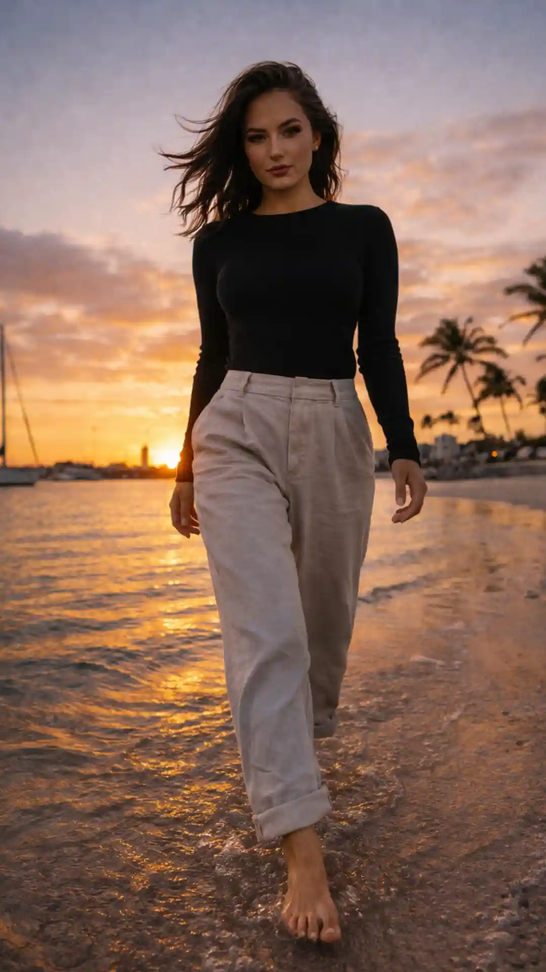 Grok AI winter photoshoot ideas featuring black fitted sweater shore walk photography