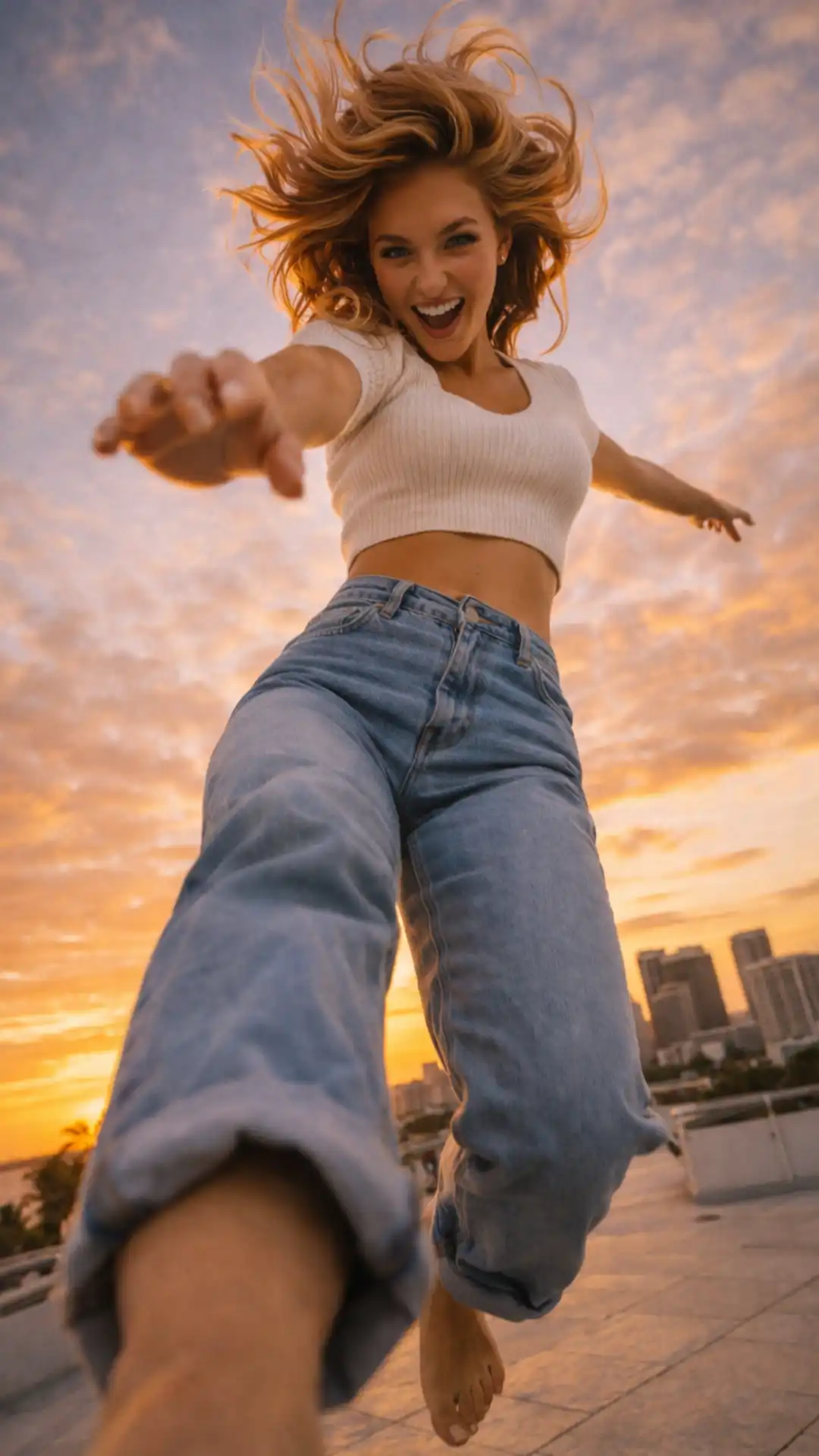 Grok AI winter photoshoot ideas with white cropped knit top rooftop action shot