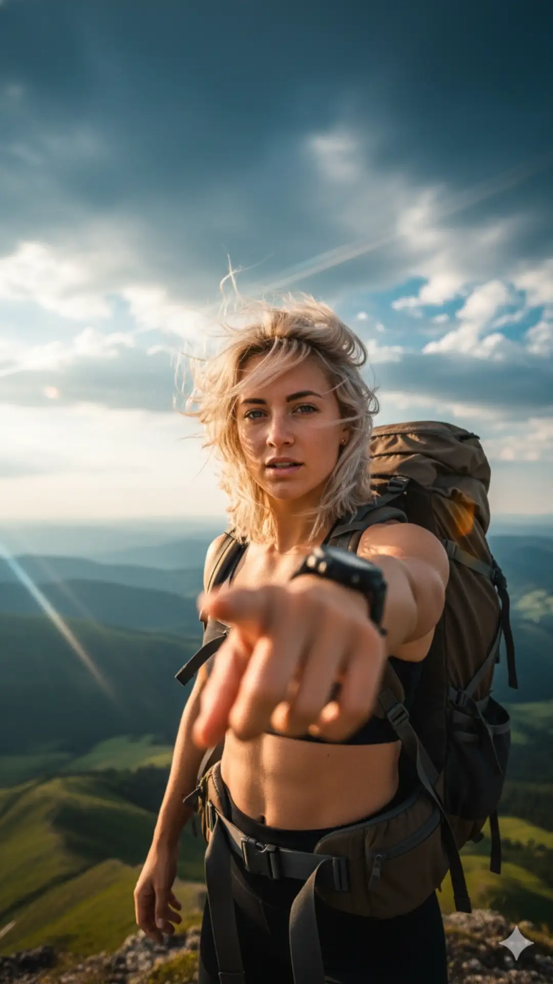 Mastering Best Camera settings for Gemini Girl Image generation: a windswept mountain shot from a RED Komodo 6K prompt.