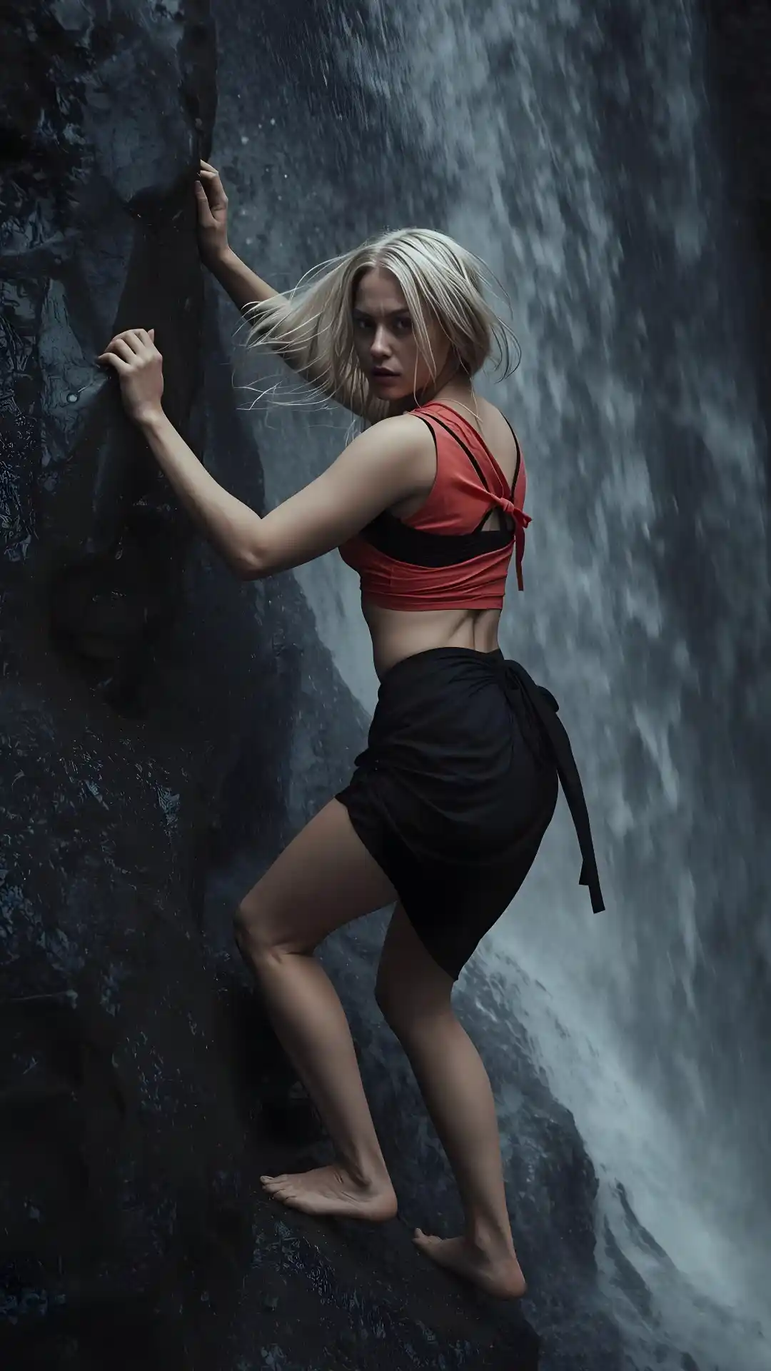 Confident blonde climbing slippery waterfall rocks using best Grok AI prompts for photorealistic adventure girl