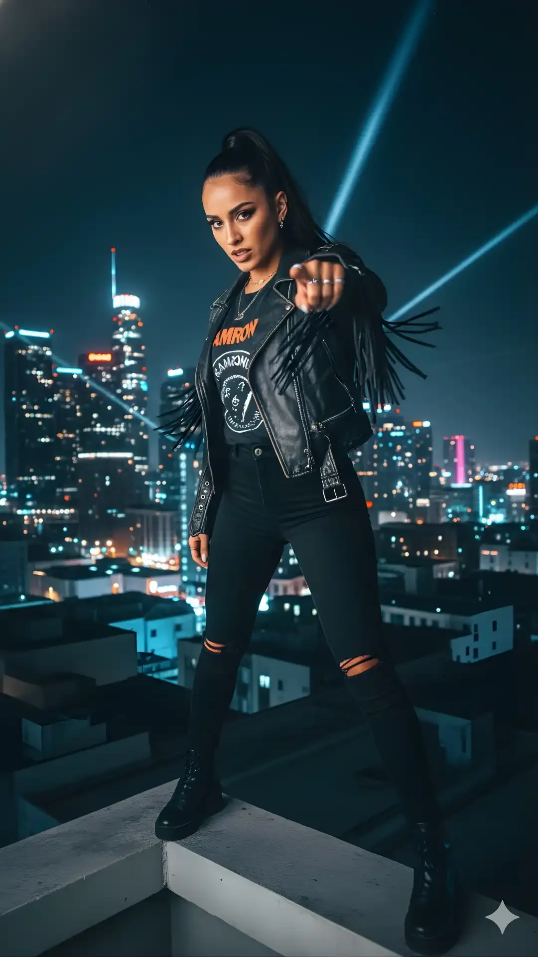 Google Gemini AI Photo Editing Prompt for a neo-noir DTLA cityscape, featuring a fierce girl using AI Image Generator Prompts.