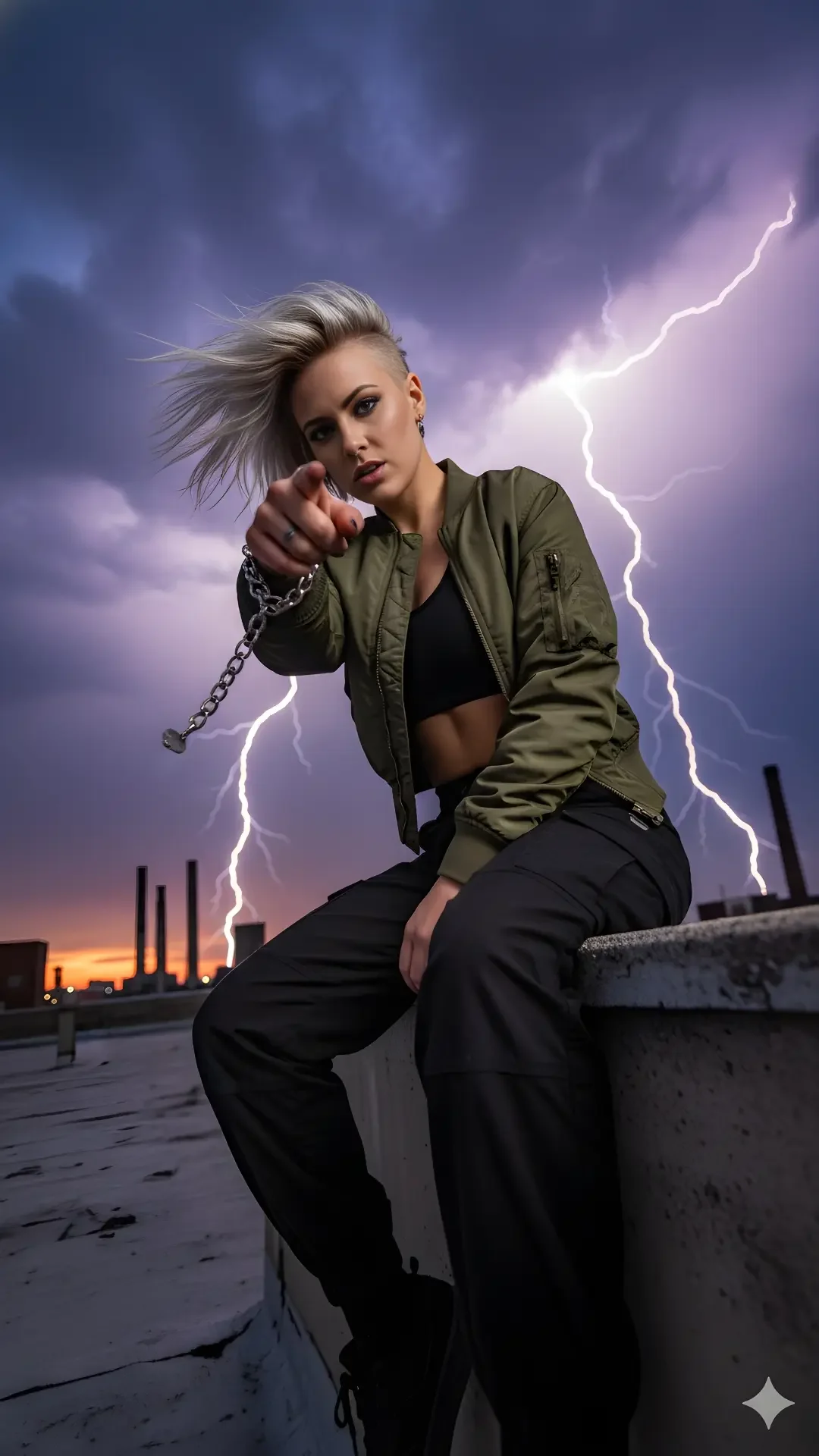 Google Gemini AI Photo Editing Prompt for a dramatic storm scene. This Trending Gemini Prompt features a blonde girl on a Chicago rooftop.