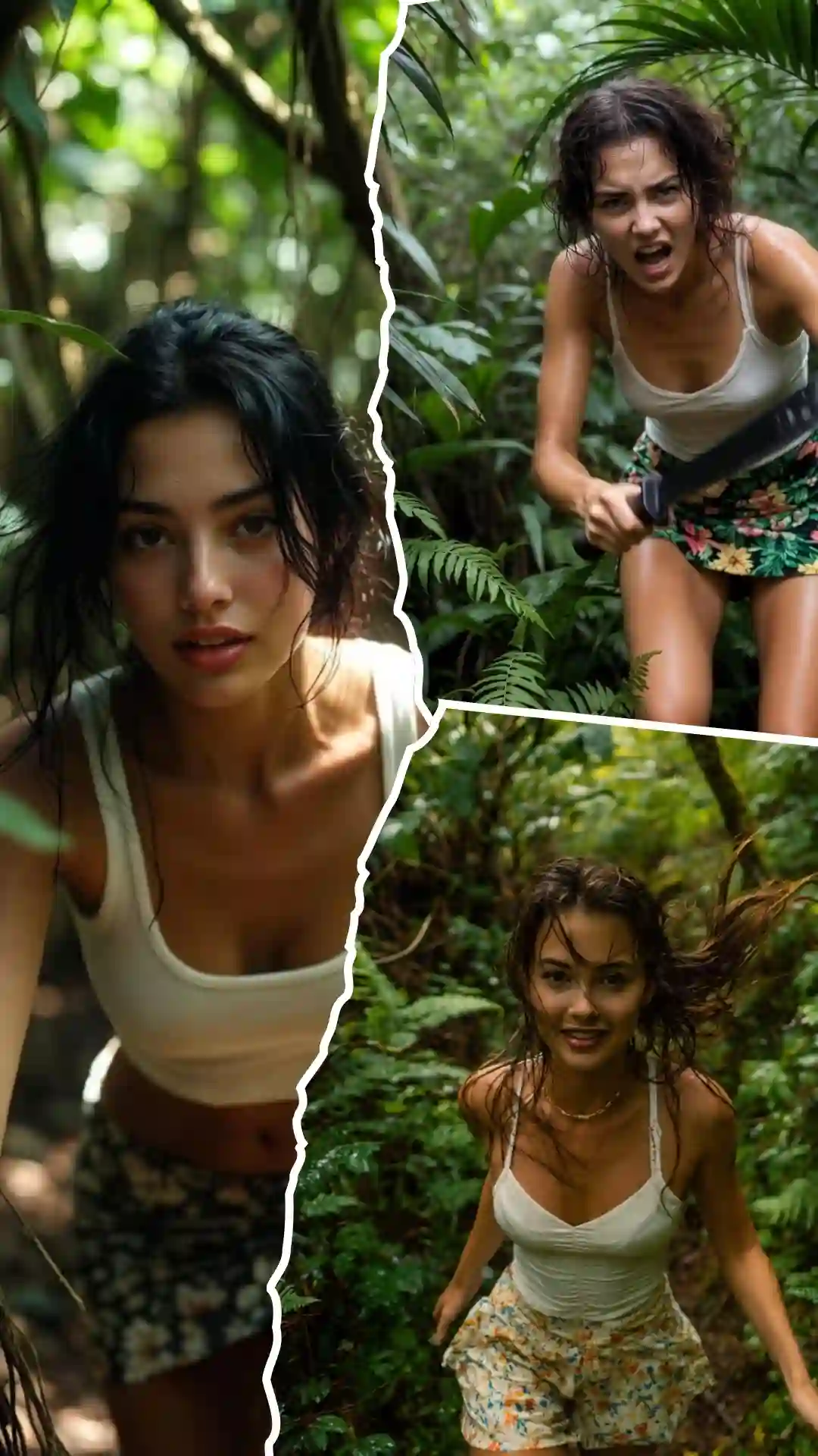 Brunette pushing through jungle foliage in Steadicam chase using Grok image prompts for athletic stride