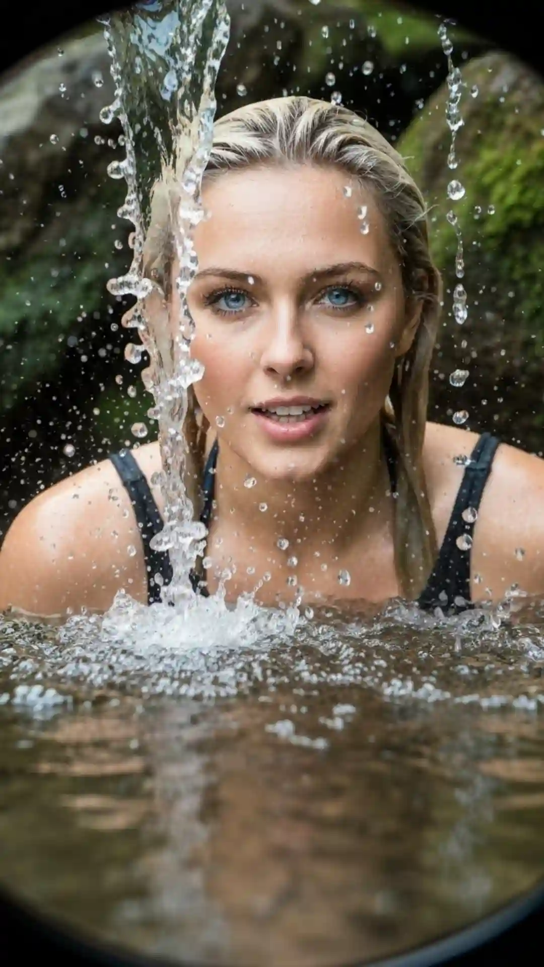Ethereal waterfall perspective, a variation of the Inverted periscope angle prompt for girl Image generation technique.