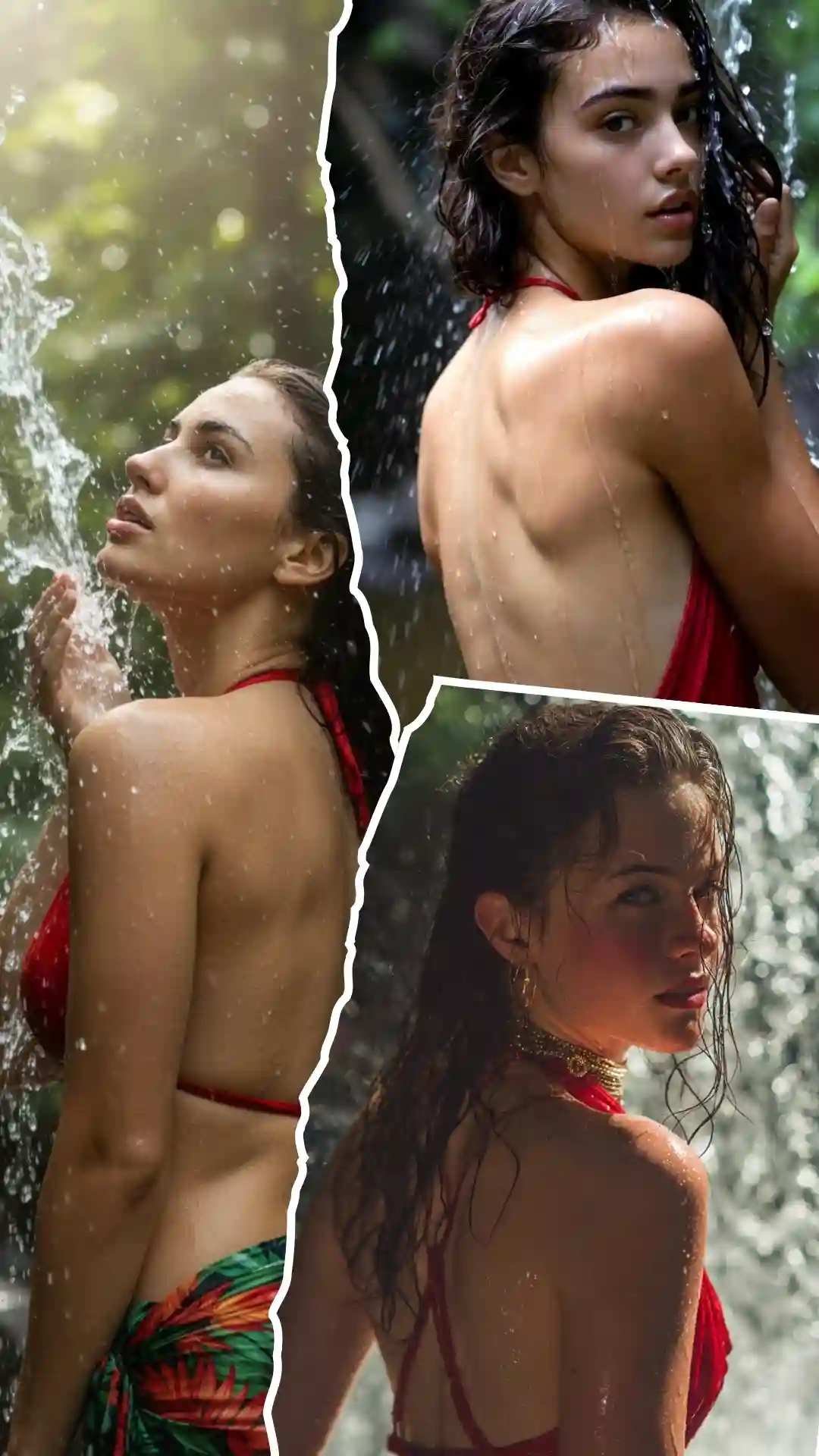 Brunette washing face under waterfall over-shoulder using Grok AI prompts for glistening droplets