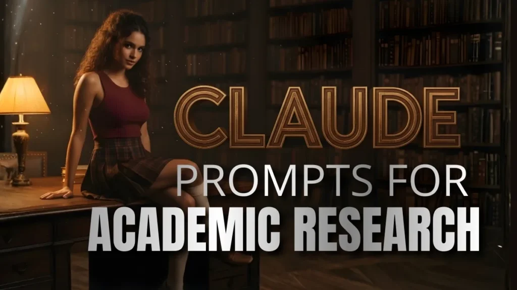 Graduate student using Claude prompts for university students research to organize thesis literature review with papers and laptop in California library "claude prompts for academic research"