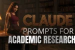 Graduate student using Claude prompts for university students research to organize thesis literature review with papers and laptop in California library "claude prompts for academic research"