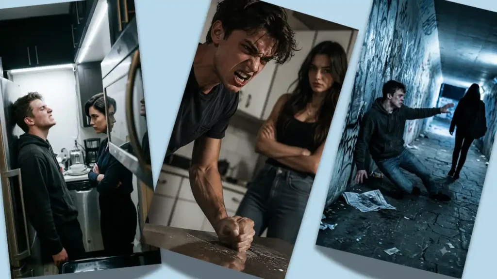 A sad prompt image of a young man slamming his fist on a kitchen countertop while a young woman watches with cold disdain. This love failure prompt scene is built for sad boys who need their fury seen instead of dismissed. Shared often on Instagram and Facebook by Gen Z creators documenting real breakup emotion. A motivational reminder that anger after love failure is valid, not shameful.